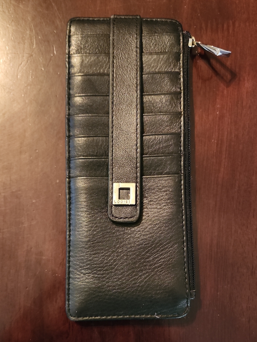 Lodis Julia Long Stacker Black Leather Card & Zip Wallet with Strap